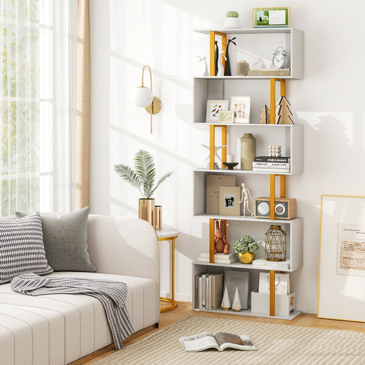 Libreria geometrica autoportante a 6 ripiani con kit anti-ribaltamento-Mensola a forma di S per esposizione