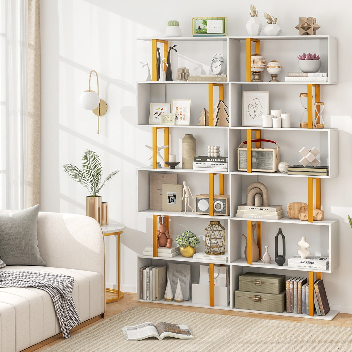 Libreria geometrica autoportante a 6 ripiani con kit anti-ribaltamento-Mensola a forma di S per esposizione