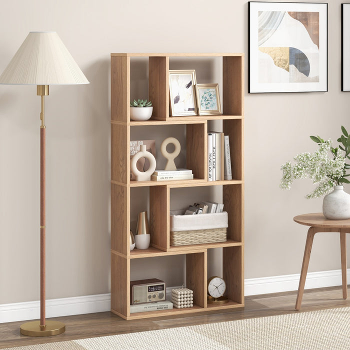 Libreria geometrica a 4 ripiani da 120cm-Organizzatore di stoccaggio moderno con 8 cubi in legno per soggiorno Naturale