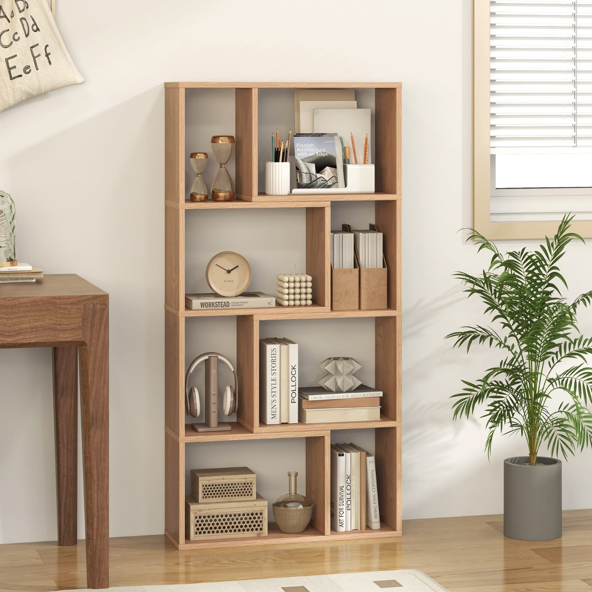 Libreria geometrica a 4 ripiani da 120cm-Organizzatore di stoccaggio moderno con 8 cubi in legno per soggiorno Naturale