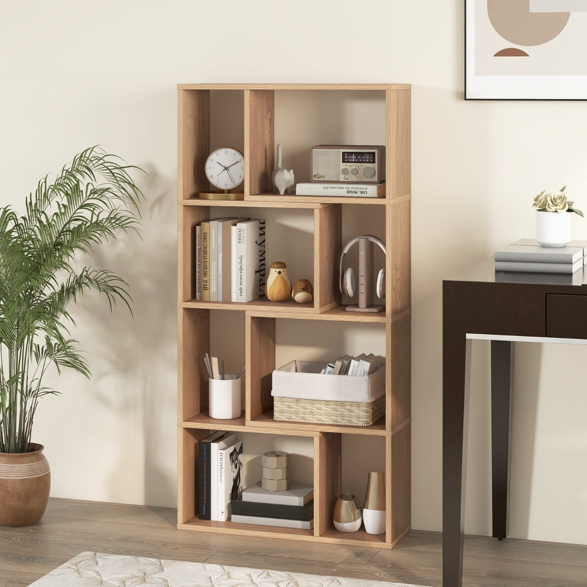 Libreria geometrica a 4 ripiani da 120cm-Organizzatore di stoccaggio moderno con 8 cubi in legno per soggiorno Naturale