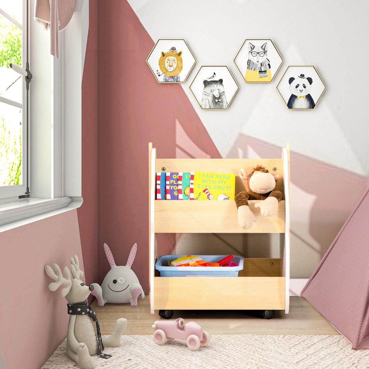 Set tavolo con 2 sedie per bambini in legno e libreria in legno per bambini-Set di 3 pezzi mobili per bimbi e scaffale di stoccaggio