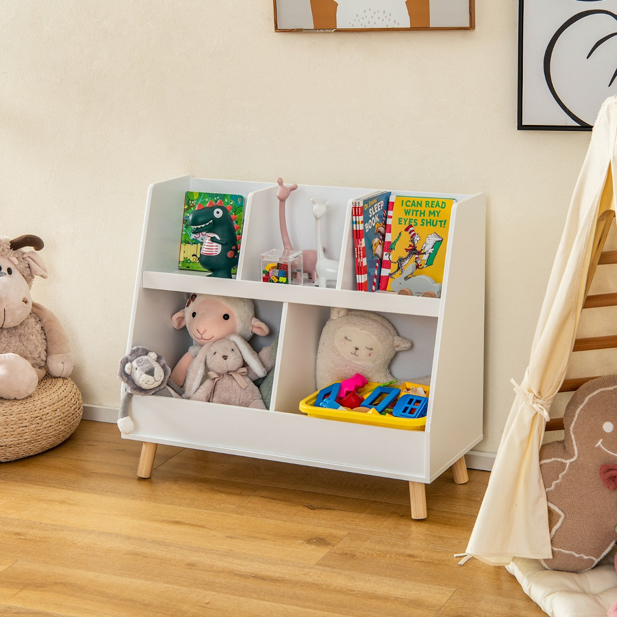 Libreria per bambini a 5 cubi con gambe in legno e kit antiribaltamento, Organizzatore per giochi per asilo nido Bianco-Scaffalature