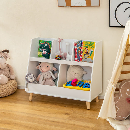 Libreria per bambini a 5 cubi con gambe in legno e kit antiribaltamento, Organizzatore per giochi per asilo nido Bianco-Scaffalature