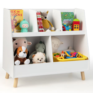Libreria per bambini a 5 cubi con gambe in legno e kit antiribaltamento, Organizzatore per giochi per asilo nido Bianco-Scaffalature