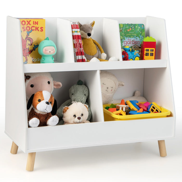 Libreria per bambini a 5 cubi con gambe in legno e kit antiribaltamento, Organizzatore per giochi per asilo nido Bianco-Scaffalature