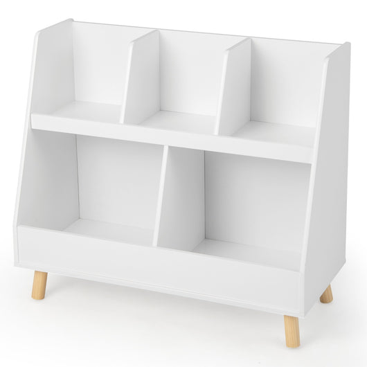 Libreria per bambini a 5 cubi con gambe in legno e kit antiribaltamento, Organizzatore per giochi per asilo nido Bianco-Scaffalature
