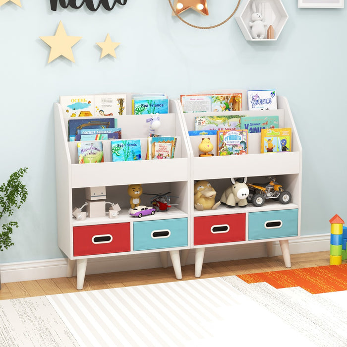 Libreria per bambini con libreria a 3 ripiani scomparto aperto e 2 cassetti in tessuto pieghevoli-Scaffale in legno Bianco