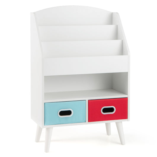 Libreria per bambini con libreria a 3 ripiani scomparto aperto e 2 cassetti in tessuto pieghevoli-Scaffale in legno Bianco