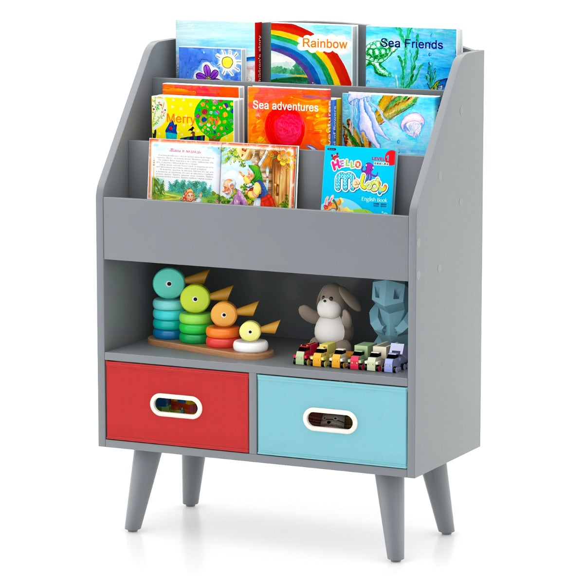 Libreria per bambini con libreria a 3 ripiani scomparto aperto e 2 cassetti in tessuto pieghevoli-Scaffale in legno Grigio