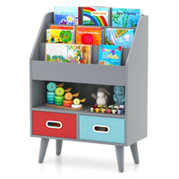 Libreria per bambini con libreria a 3 ripiani scomparto aperto e 2 cassetti in tessuto pieghevoli-Scaffale in legno Grigio