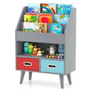 Libreria per bambini con libreria a 3 ripiani scomparto aperto e 2 cassetti in tessuto pieghevoli-Scaffale in legno Grigio