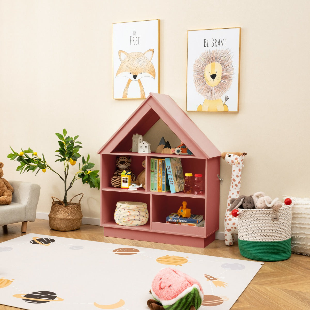 Libreria per bambini a forma di casa con 5 cubi per giocattoli-Scaffale in legno antiribaltamento a 3 livelli Rosa