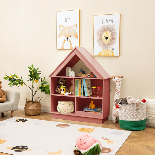 Libreria per bambini a forma di casa con 5 cubi per giocattoli-Scaffale in legno antiribaltamento a 3 livelli Rosa
