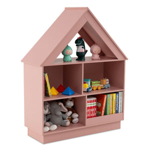 Libreria per bambini a forma di casa con 5 cubi per giocattoli-Scaffale in legno antiribaltamento a 3 livelli Rosa