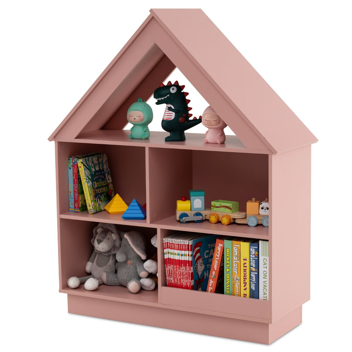 Libreria per bambini a forma di casa con 5 cubi per giocattoli-Scaffale in legno antiribaltamento a 3 livelli Rosa