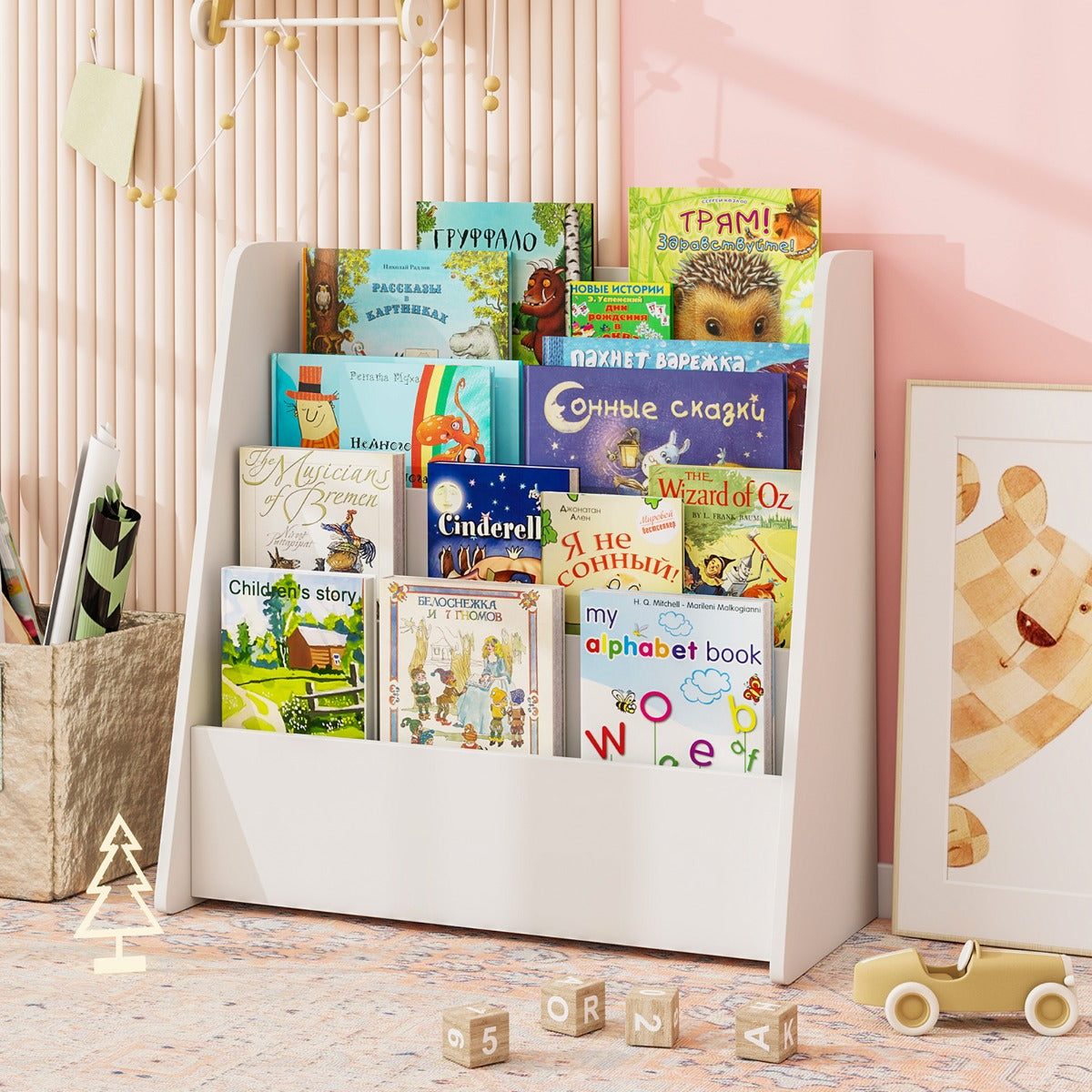 Libreria per bambini a 4 ripiani con scomparti profondi-Libreria con esposizione frontale e porta riviste per camere e sale Bianco