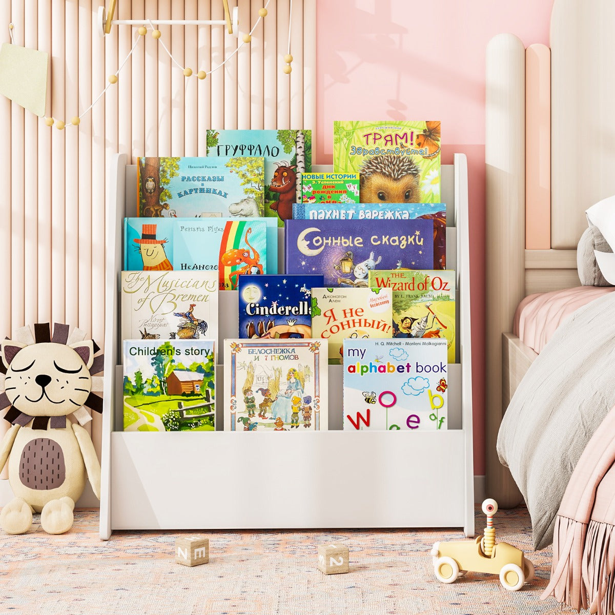 Libreria per bambini a 4 ripiani con scomparti profondi-Libreria con esposizione frontale e porta riviste per camere e sale Bianco