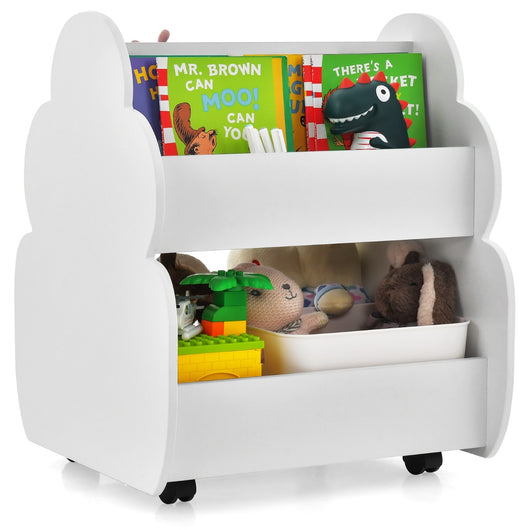 Libreria per bambini a 2 livelli con ruote aspetto adorabile e angoli arrotondati, Libreria bimbi spaziosa Bianco-Scaffalature