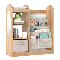 Libreria per bambini con specchio scaffale giocattoli 4 ripiani a rete, Libreria bambini montessori 4 livelli sala giochi Legno naturale-Scaffalature