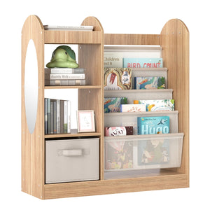 Libreria per bambini con specchio scaffale giocattoli 4 ripiani a rete, Libreria bambini montessori 4 livelli sala giochi Legno naturale-Scaffalature