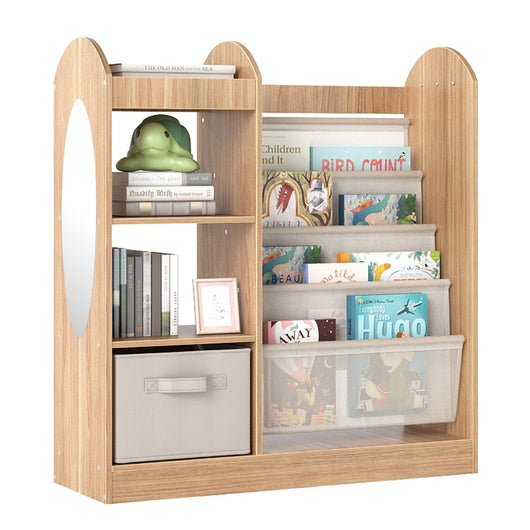 Libreria per bambini con specchio scaffale giocattoli 4 ripiani a rete, Libreria bambini montessori 4 livelli sala giochi Legno naturale-Scaffalature