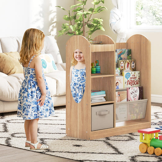 Libreria per bambini con specchio scaffale giocattoli 4 ripiani a rete, Libreria bambini montessori 4 livelli sala giochi Legno naturale-Scaffalature