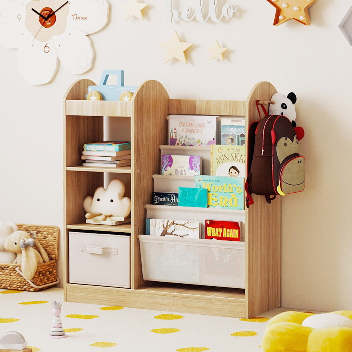 Libreria per bambini con specchio scaffale giocattoli 4 ripiani a rete, Libreria bambini montessori 4 livelli sala giochi Legno naturale-Scaffalature