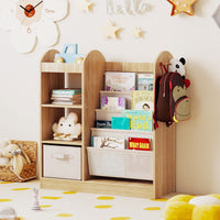 Libreria per bambini con specchio scaffale giocattoli 4 ripiani a rete, Libreria bambini montessori 4 livelli sala giochi Legno naturale-Scaffalature