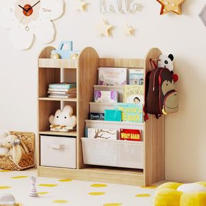 Libreria per bambini con specchio scaffale giocattoli 4 ripiani a rete, Libreria bambini montessori 4 livelli sala giochi Legno naturale-Scaffalature