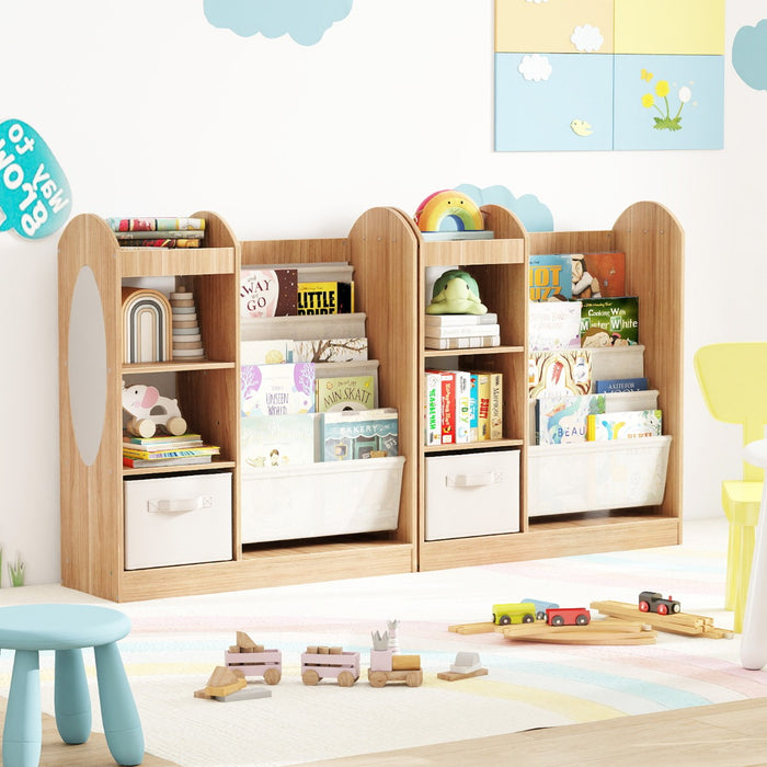 Libreria per bambini con specchio scaffale giocattoli 4 ripiani a rete, Libreria bambini montessori 4 livelli sala giochi Legno naturale-Scaffalature