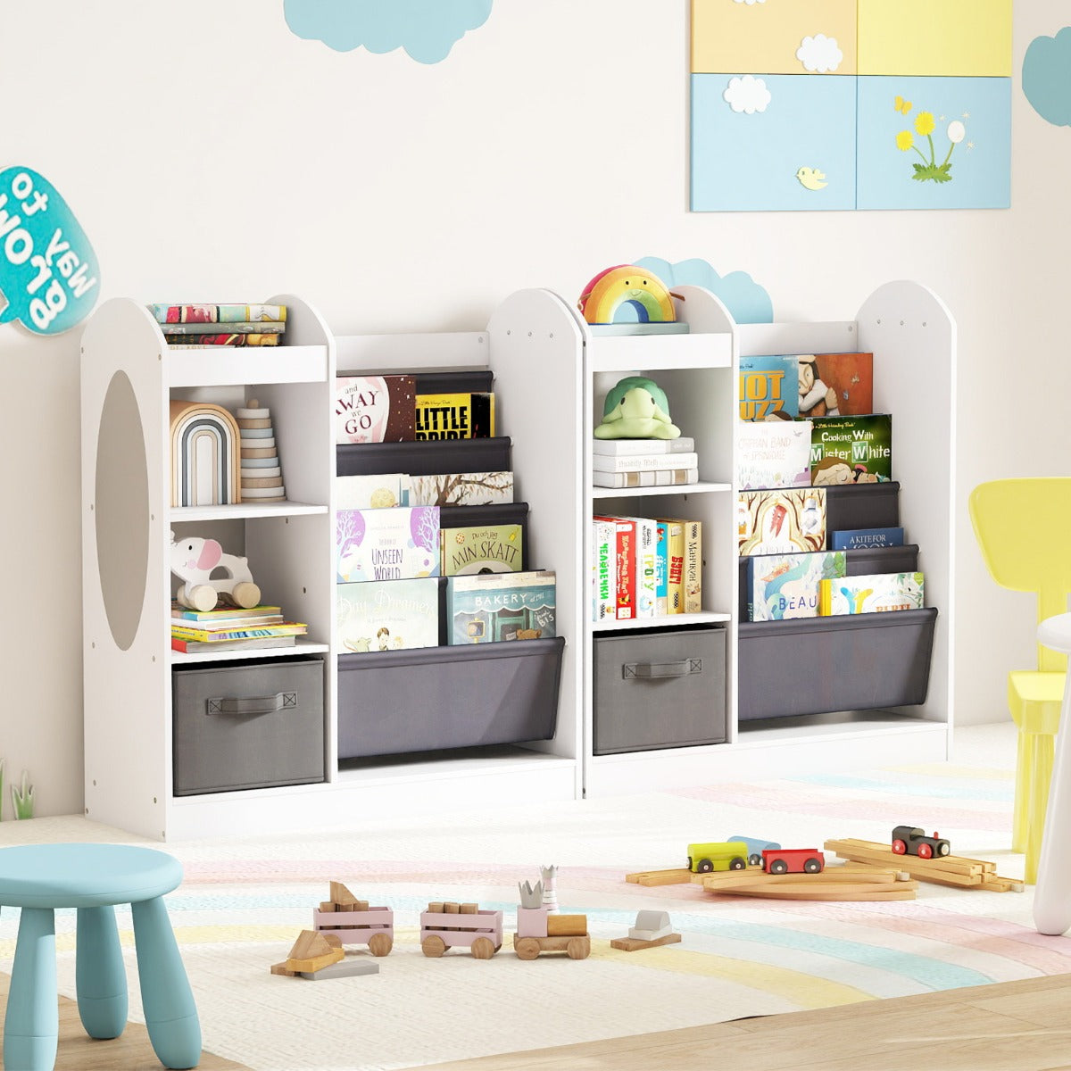 Libreria per bambini con specchio scaffale giocattoli 4 ripiani a rete, Libreria bambini montessori 4 livelli sala giochi Bianco-Scaffalature