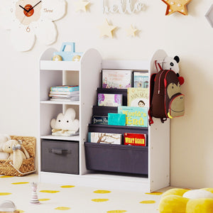 Libreria per bambini con specchio scaffale giocattoli 4 ripiani a rete, Libreria bambini montessori 4 livelli sala giochi Bianco-Scaffalature