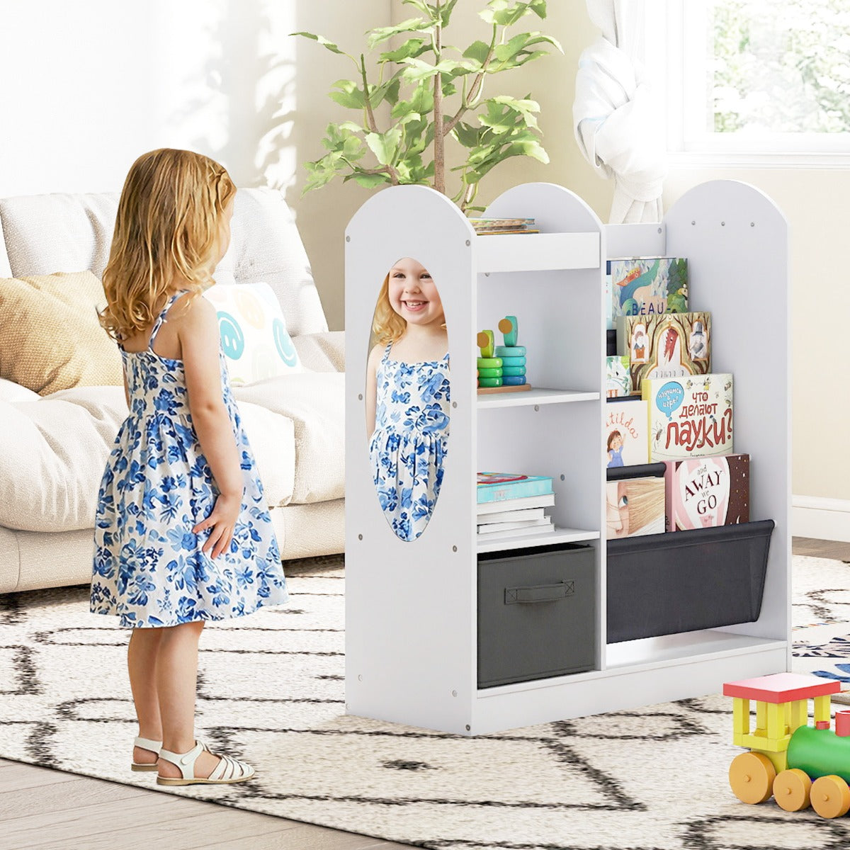 Libreria per bambini con specchio scaffale giocattoli 4 ripiani a rete, Libreria bambini montessori 4 livelli sala giochi Bianco-Scaffalature