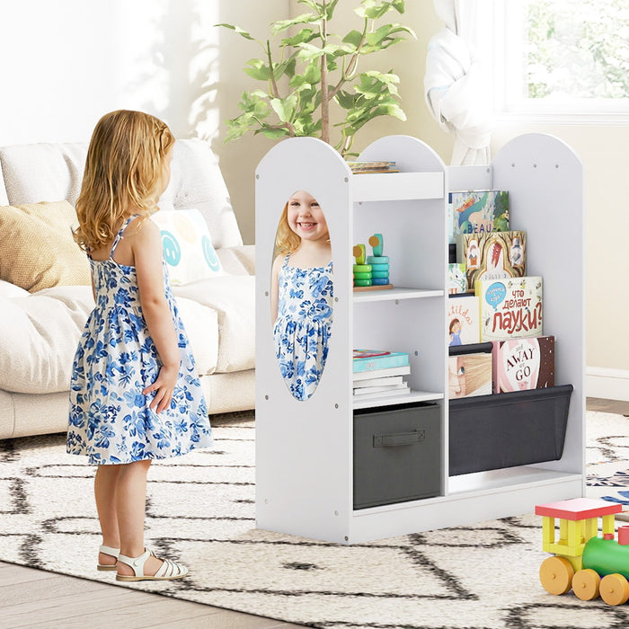 Libreria per bambini con specchio scaffale giocattoli 4 ripiani a rete, Libreria bambini montessori 4 livelli sala giochi Bianco-Scaffalature