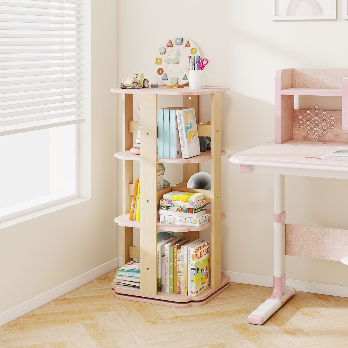 Scaffale per libri per bambini a 3 livelli con 12 scomparti-Libreria rotante per stanza dei bambini Rosa