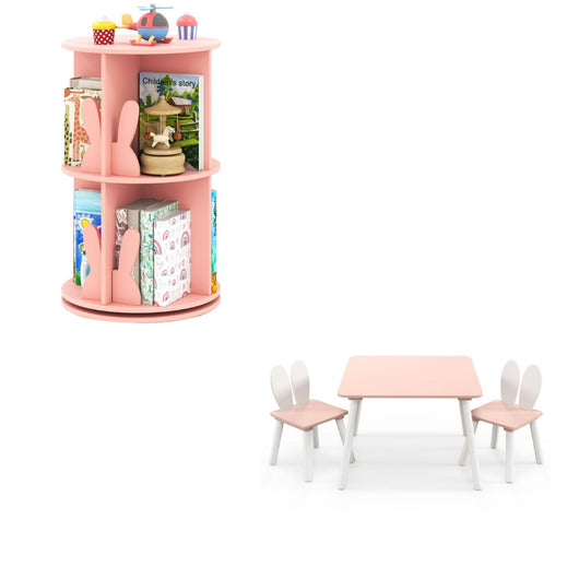 Libreria 360¡ã rotante bambini e set tavolo sedie bambini rosa, Libreria rotante 2 ripiani e set tavolo sedie legno-Per i bambini