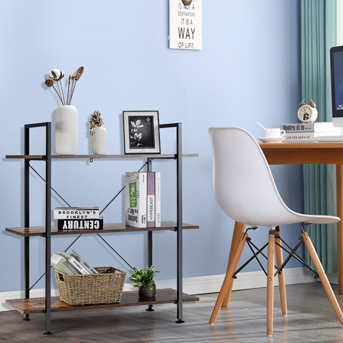 Libreria stile industriale con struttura in metallo-Scaffale multiuso con 3 ripiani per piante e fiori Marrone