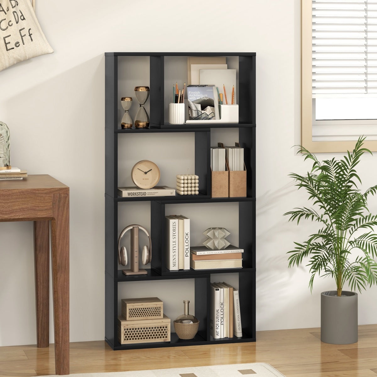 Libreria geometrica a 4 ripiani da 120cm-Organizzatore di stoccaggio moderno con 8 cubi in legno per soggiorno Nero