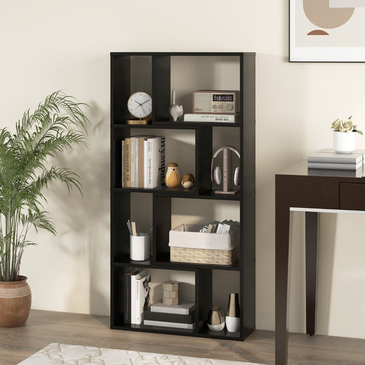 Libreria geometrica a 4 ripiani da 120cm-Organizzatore di stoccaggio moderno con 8 cubi in legno per soggiorno Nero