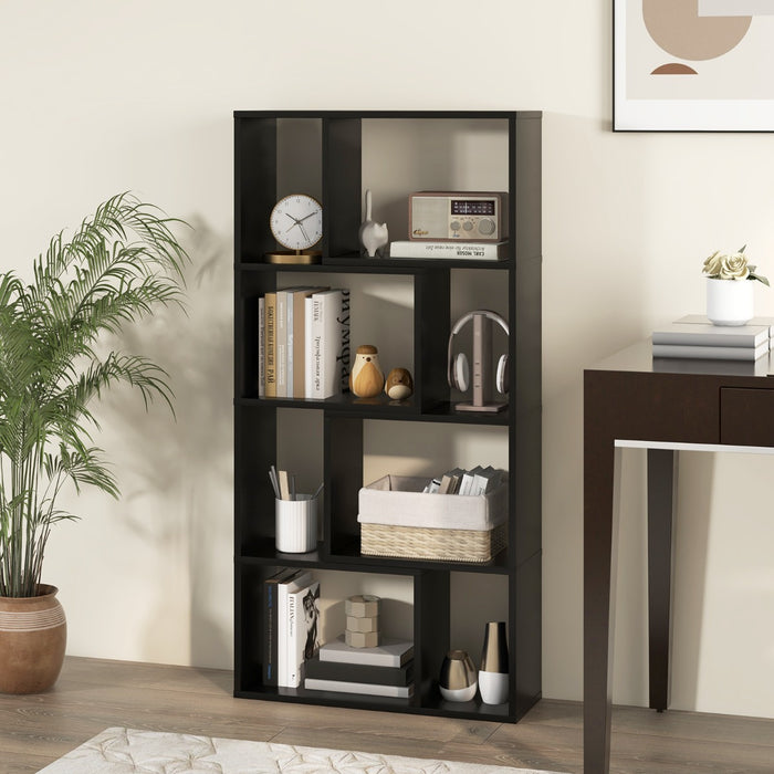 Libreria geometrica a 4 ripiani da 120cm-Organizzatore di stoccaggio moderno con 8 cubi in legno per soggiorno Nero