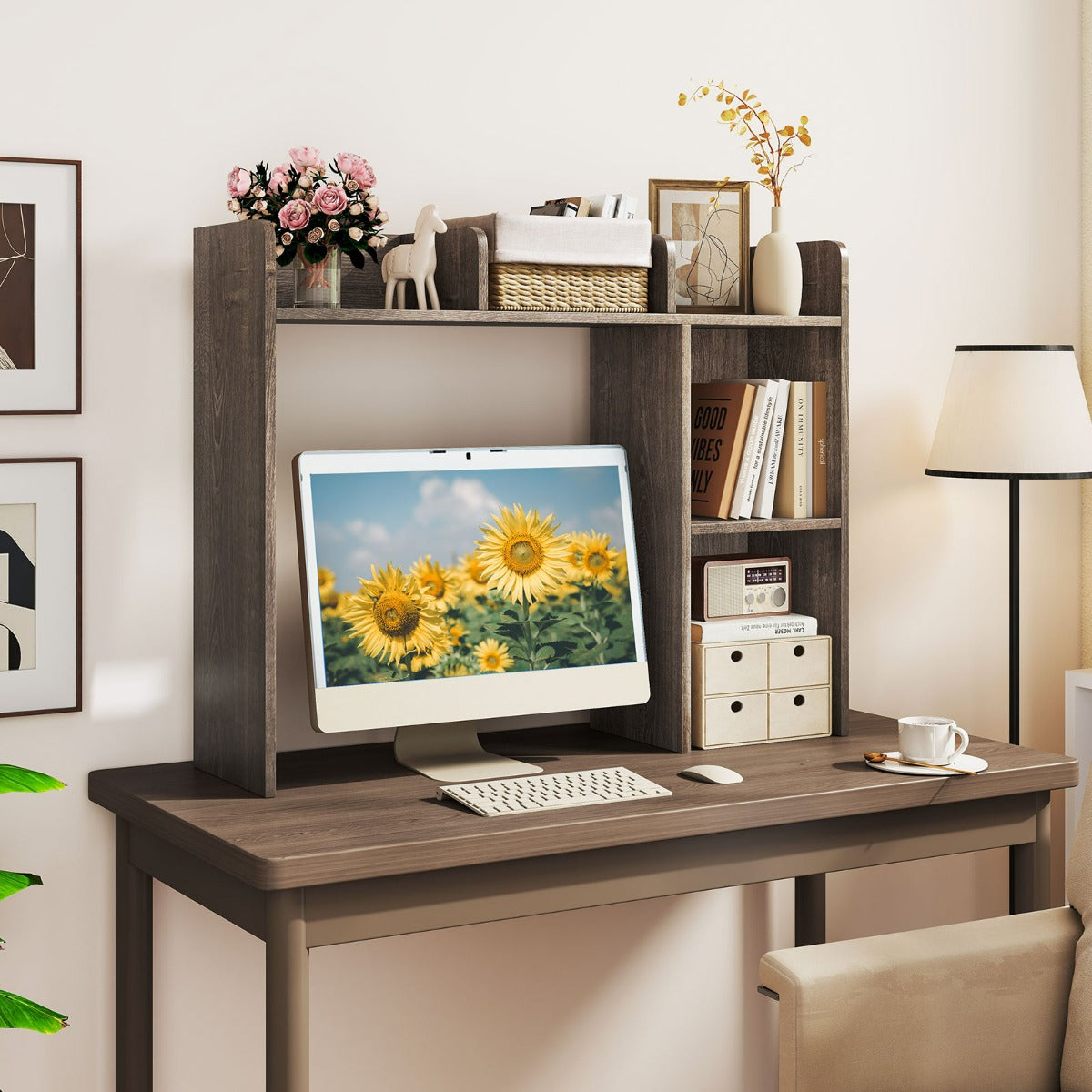 Libreria da scrivania con 4 ripiani e scomparto aperto-Scaffale a 3 livelli da tavolo multiuso Grigio