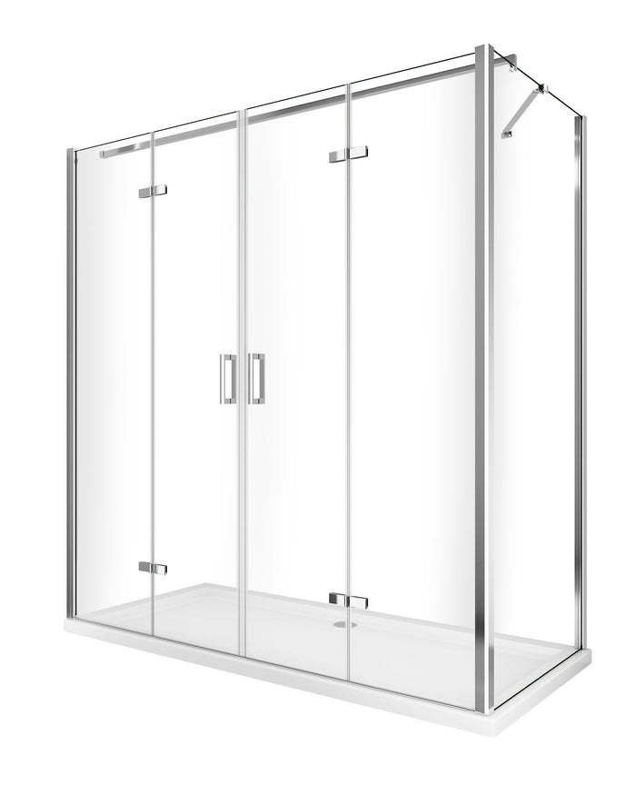 Box cabina doccia con ingresso libero apertura a libro pieghevole e lastra fissa reversibile H 190 cromo trasparente anticalcare misure  72,5-75 Fisso + Porta 108,5-112