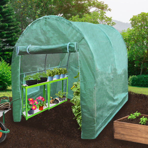 Serra da Giardino a Tunnel da Esterno in Polietilene Resistente alla Corrosione e Raggi UV Telaio in Ferro Galvanizzato per Piante Giardinaggio - 19mm - 3m x 2m & Scaffali