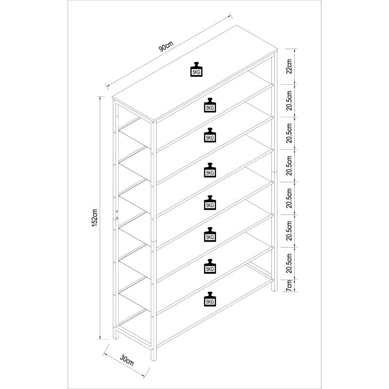 Linea Ferro Scarpiera H152 L90 P30 cm Porta Scarpe in Metallo Salvaspazio con Ripiani Regolabili Colore Noce
