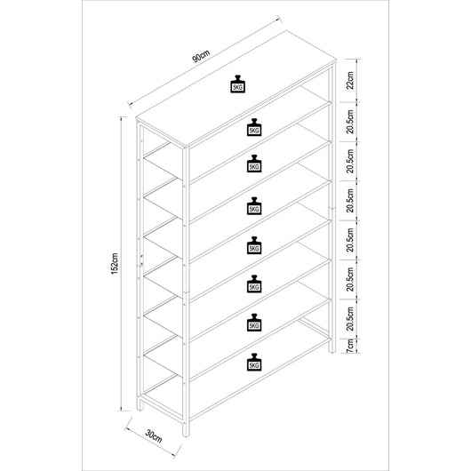 Linea Ferro Scarpiera H152 L90 P30 cm Porta Scarpe in Metallo Salvaspazio con Ripiani Regolabili Colore Noce
