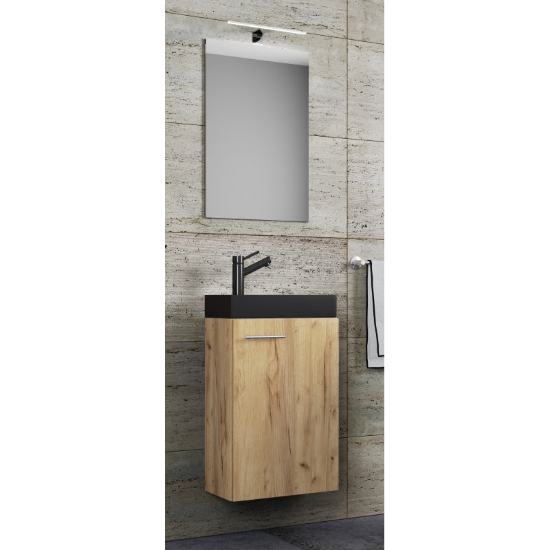 LineaViva di Ezooza Mobile Sospeso con lavabo in ceramica di alta qualità e specchio, Rovere miele , lavabo Nero