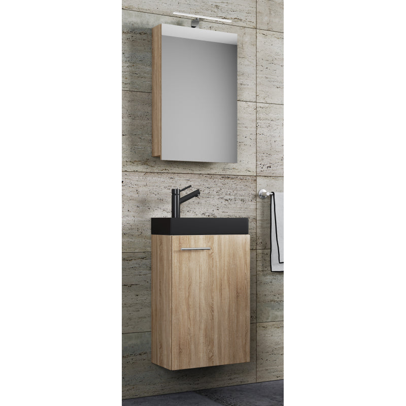 LineaViva di Ezooza Mobile Sospeso con lavabo in ceramica di alta qualità e mobile specchio, Rovere Sonoma , lavabo Nero