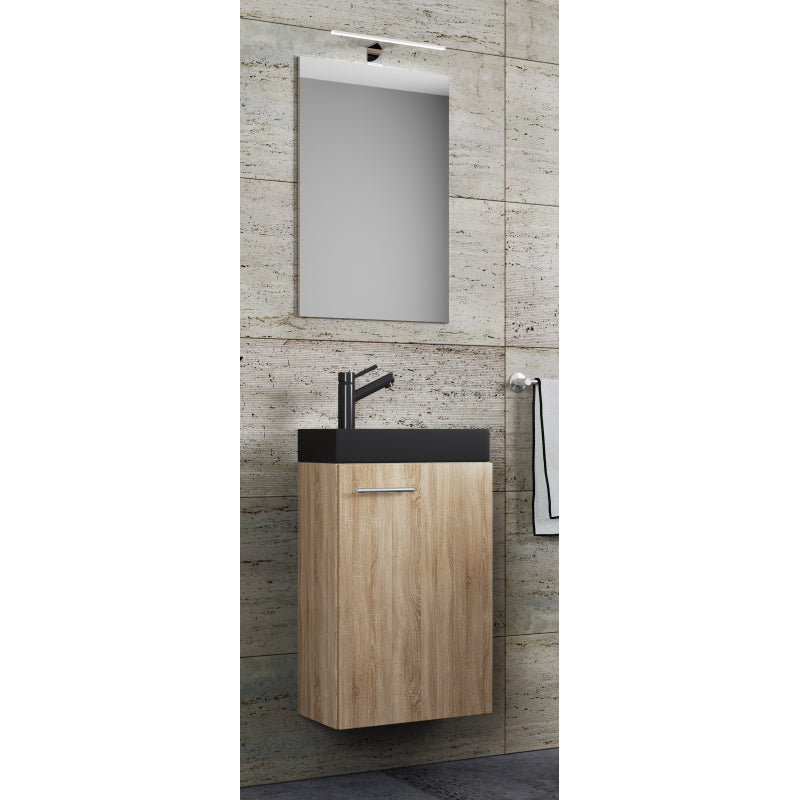 LineaViva di Ezooza Mobile Sospeso con lavabo in ceramica di alta qualità e specchio, Rovere Sonoma , lavabo Nero