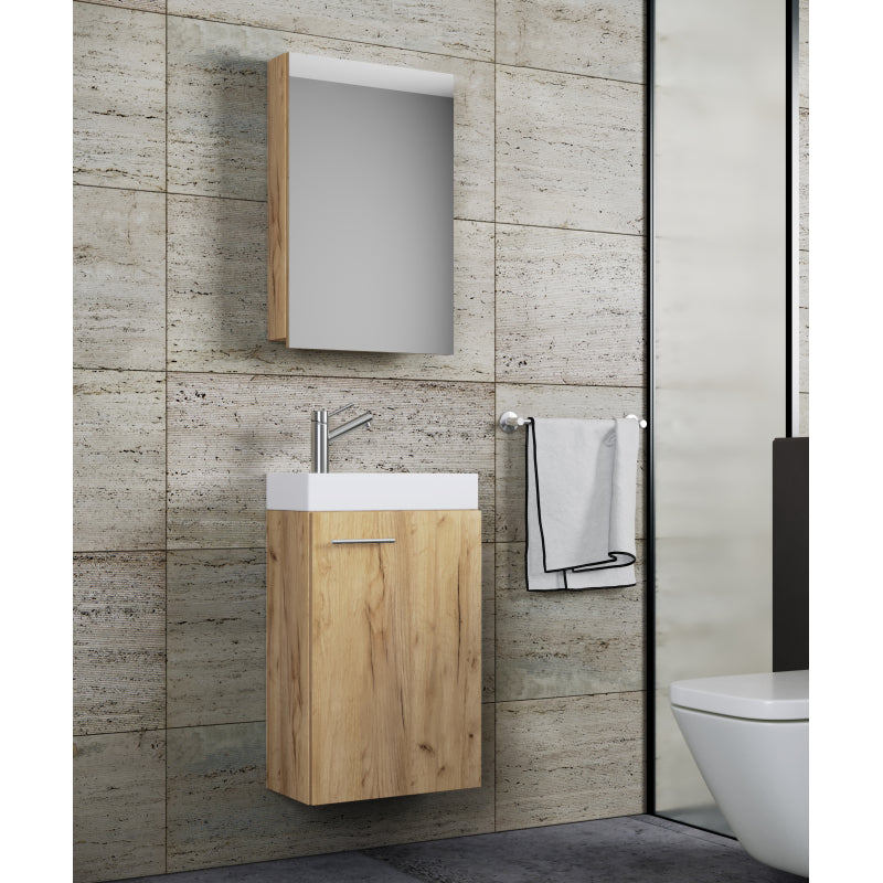 LineaViva di Ezooza Mobile Sospeso con lavabo in ceramica di alta qualità e mobile specchio, Rovere miele , lavabo Bianco